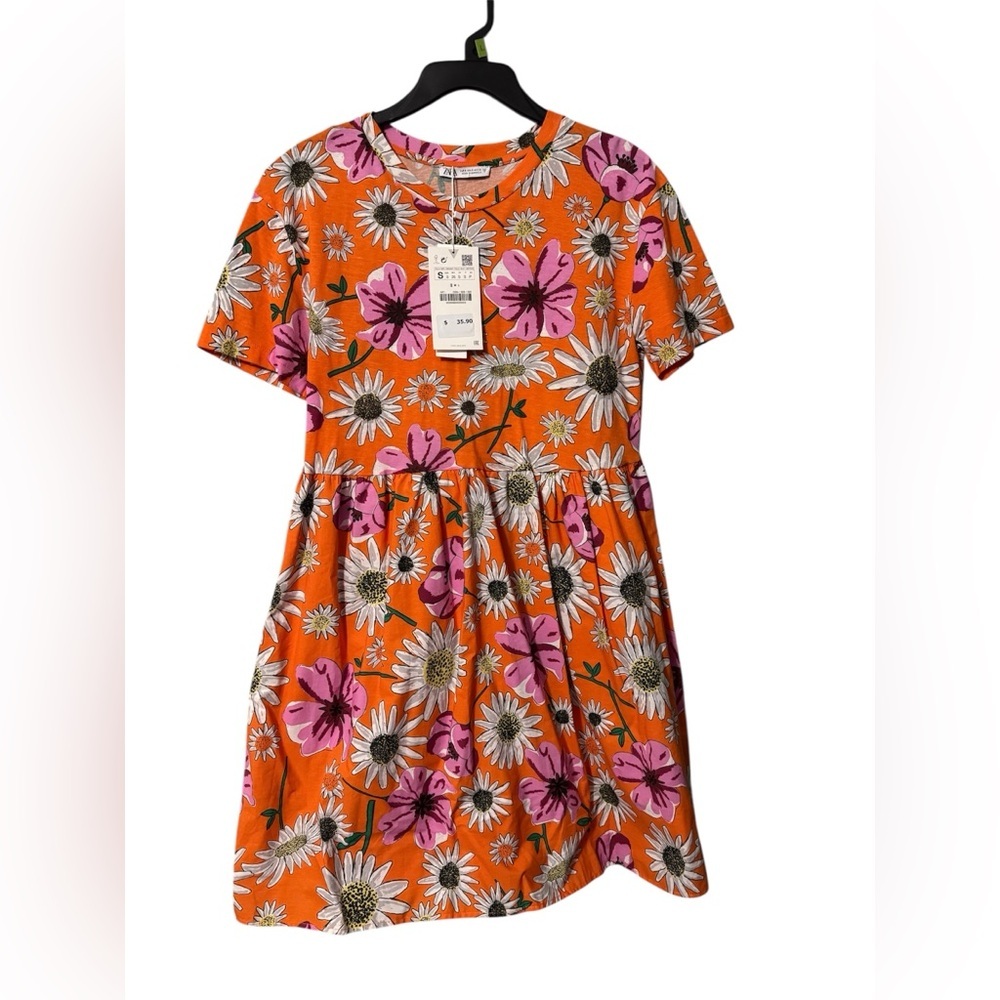 NWT Zara Orange and Pink Floral Dress Size S